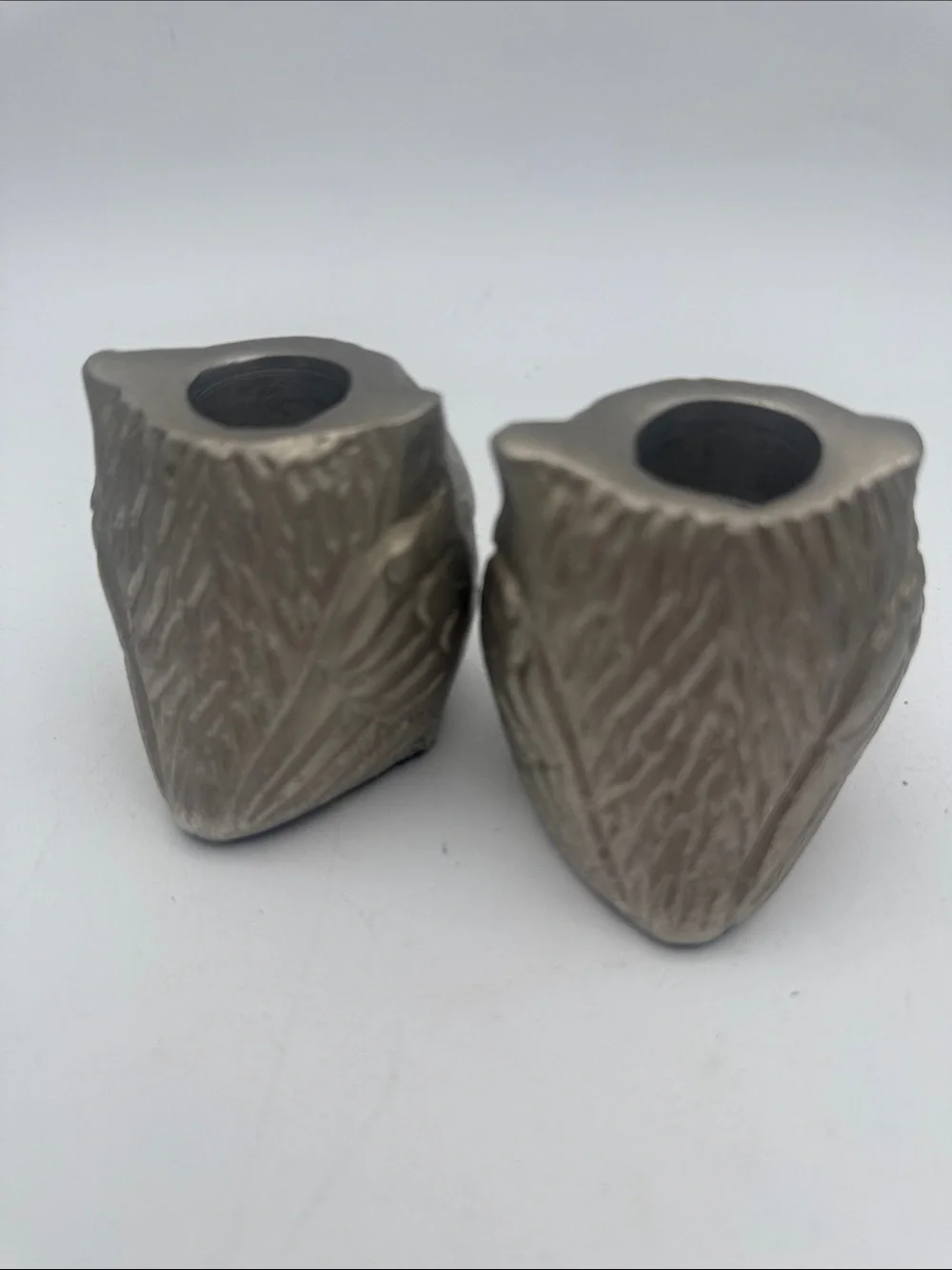 Pair of Hobby Lobby Metallic Silver tone metal  Owl pillar candle Holders